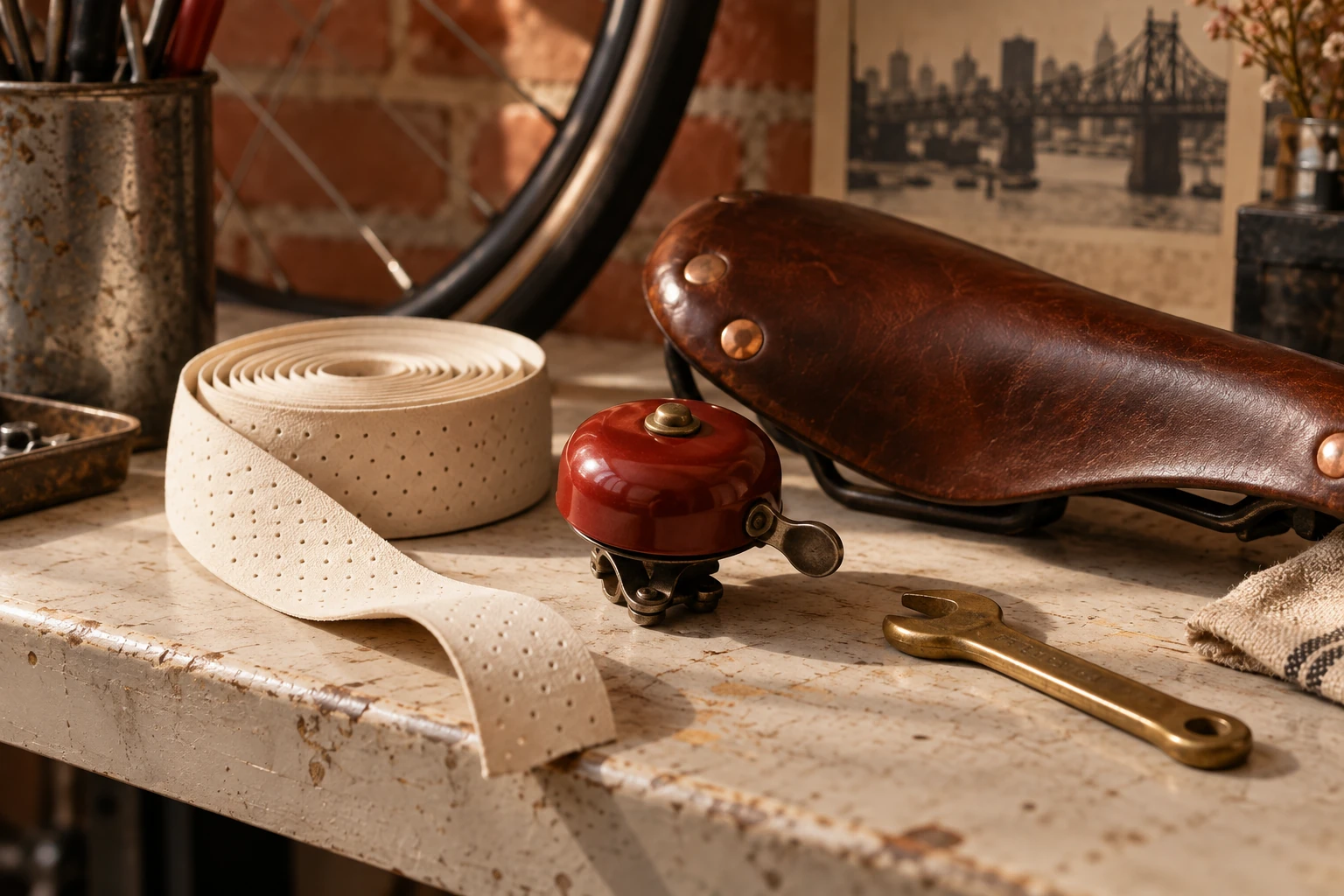Illustrative cream bike tape, brick-red bell, leather saddle and brass wrench; not exact Bike Stop merchandise or shop photography.